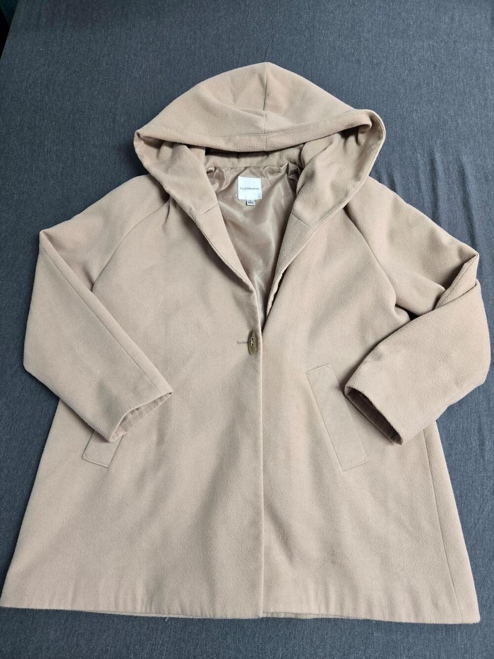 Croft & Barrow Coat Womens Large Beige Hooded Mid Length Twill Lined Pockets